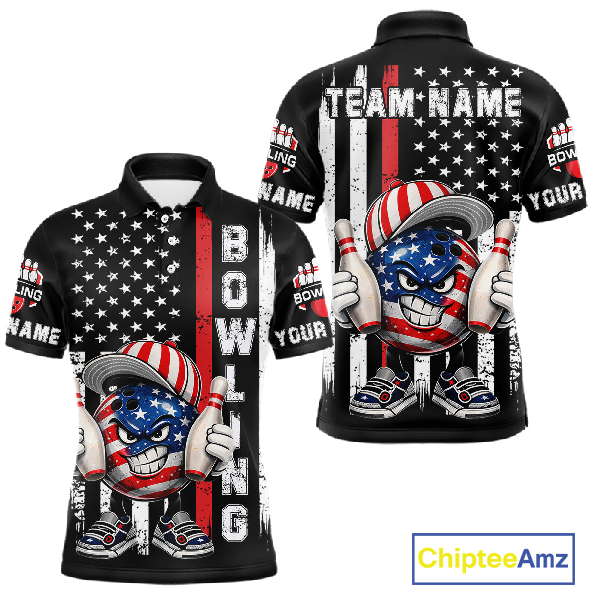 Black American Flag Funny Bowling Polo, 1/4 Zip Shirt For Men Custom Patriotic Bowling Team Jersey NQS11723