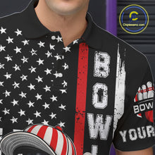 Load image into Gallery viewer, Black American Flag Funny Bowling Polo, 1/4 Zip Shirt For Men Custom Patriotic Bowling Team Jersey NQS11723