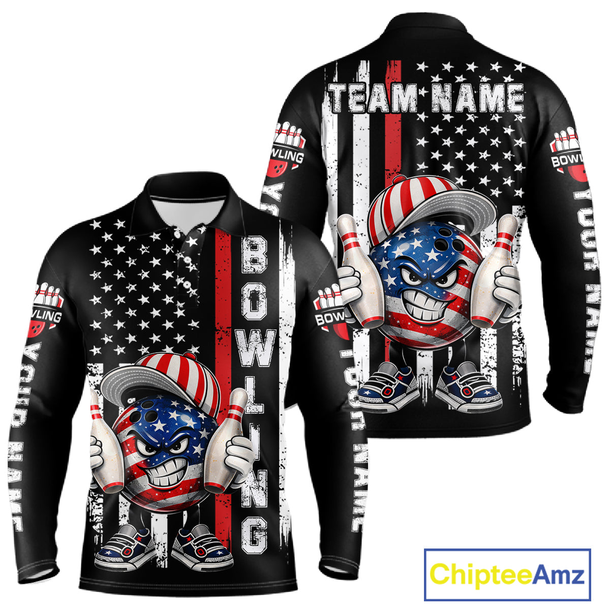 Black American Flag Funny Bowling Polo, 1/4 Zip Shirt For Men Custom Patriotic Bowling Team Jersey NQS11723