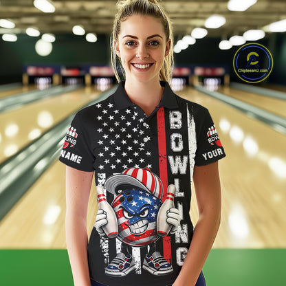 Black American Flag Funny Bowling Polo, 1/4 Zip Shirt For Women Custom Patriotic Bowling Team Jersey NQS11723
