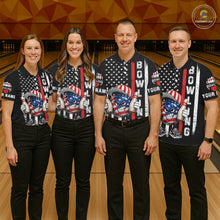 Load image into Gallery viewer, Black American Flag Funny Bowling Polo, 1/4 Zip Shirt For Men Custom Patriotic Bowling Team Jersey NQS11723