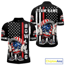 Load image into Gallery viewer, Black American Flag Funny Bowling Polo, 1/4 Zip Shirt For Men Custom Patriotic Bowling Team Jersey NQS11723