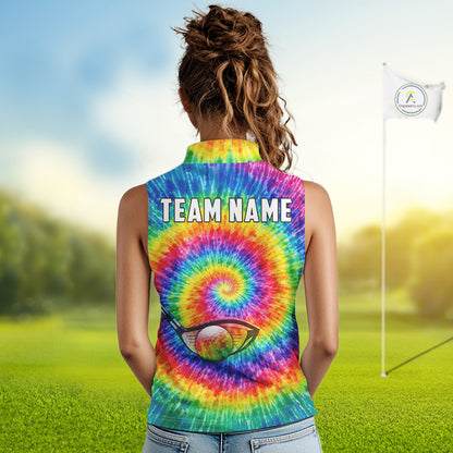 Colorful rainbow tie-dye Sleeveless golf polo shirt custom Ladies golf outfit, personalized golf gift NQS11724