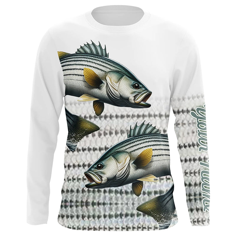 Striped Bass Fishing Customize Name UV Protection Long Sleeve Fishing Shirts, Personalized Fishing Gift NQS268