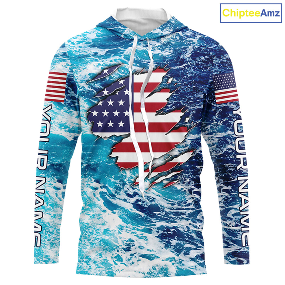 Blue sea wave ocean camo American flag patriot shirt Custom sun protection fishing long sleeve shirts NQS5429