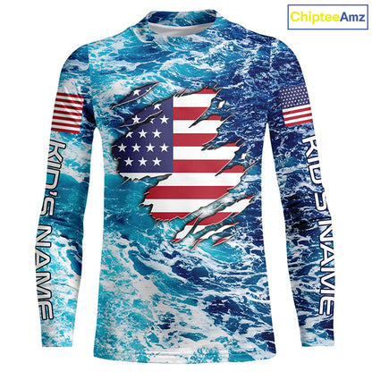 Blue sea wave ocean camo American flag patriot shirt Custom sun protection fishing long sleeve shirts NQS5429