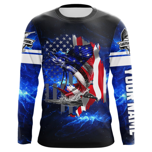 Sailfish Fishing American Flag Patriot blue galaxy Custom Sailfish fishing shirts personalized gift NQS431