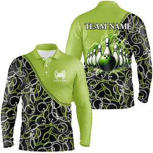 Bowling shirts for men custom name, team name Green camo Bowling Ball and Pins, team bowling jerseys NQS7782