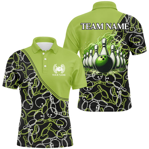 Bowling shirts for men custom name, team name Green camo Bowling Ball and Pins, team bowling jerseys NQS7782