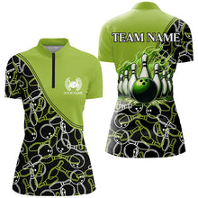 Load image into Gallery viewer, Bowling shirts for women custom name, team name Green camo Bowling Ball and Pins, team bowling jerseys NQS7782