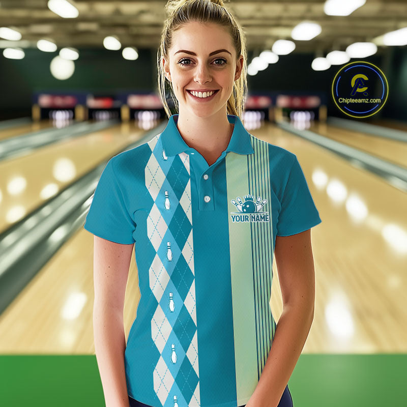 Retro Cyan Blue argyle pattern Bowling shirts For Women custom bowling team jerseys Bowler Outfits NQS10404