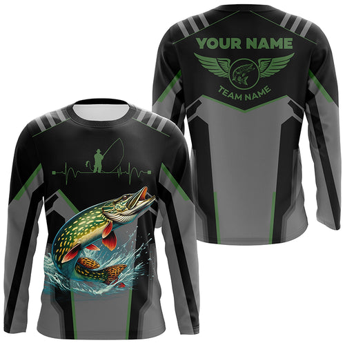 Personalized Black Northern Pike Fishing jersey, Team Pike Fishing Long Sleeve tournament shirt| Green NQS6318