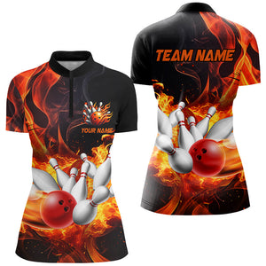 Black And Orange Flame Custom Bowling Shirts For Women, Flame Bowling League Shirts Outfits NQS8895