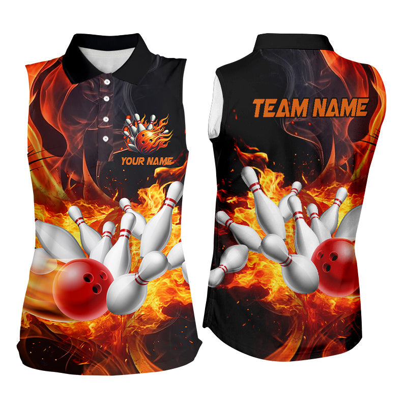 Black And Orange Flame Custom Bowling Sleeveless Polo Shirts, Flame Bowling League Shirts Outfits NQS8895