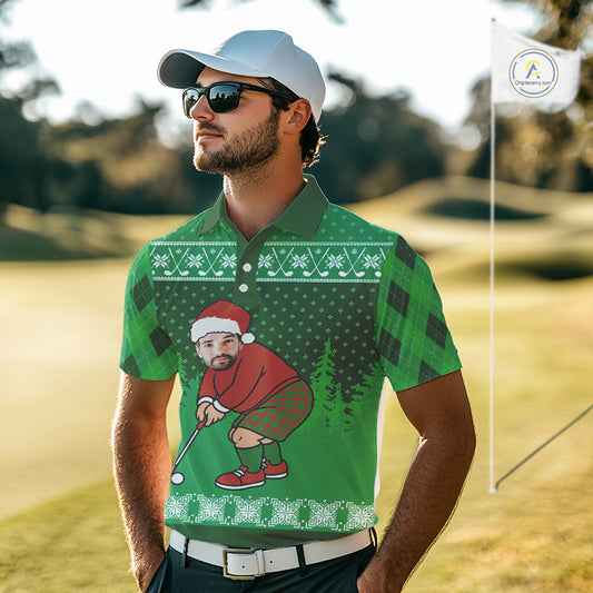 Personalized Funny Face Christmas Golf Green argyle Santa Golfer Ugly matching golf polos for couples NQS11021