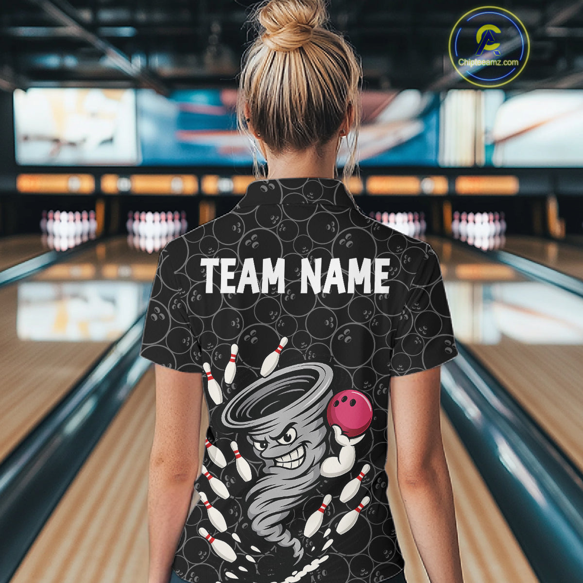 Funny storm tornado Black Camo Bowling Polo, 1/4 Zip Shirts For Women Custom Bowling Team Jerseys NQS11224