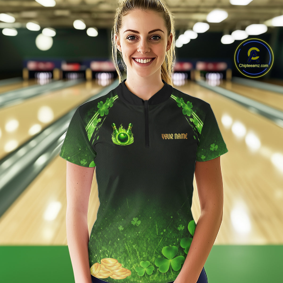 Green flame shamrock St Patrick's Day bowling shirts for women custom team bowling league jerseys NQS11412