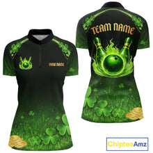 Load image into Gallery viewer, Green flame shamrock St Patrick's Day bowling shirts for women custom team bowling league jerseys NQS11412