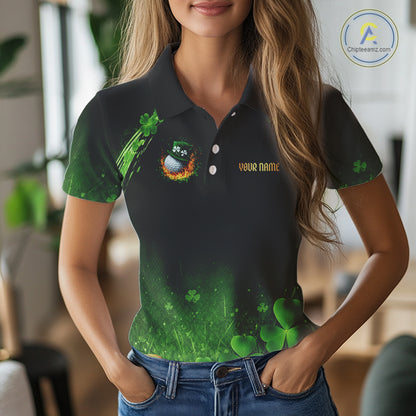 Flame golf ball green shamrock St Patrick's Day Women Golf Polo Shirt Custom lucky ladies golf attire NQS11413