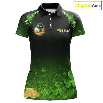 Flame golf ball green shamrock St Patrick's Day Women Golf Polo Shirt Custom lucky ladies golf attire NQS11413
