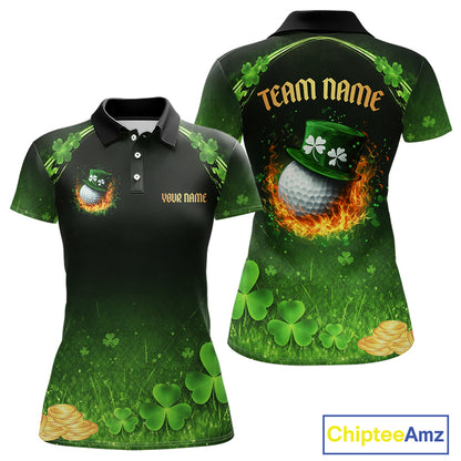 Flame golf ball green shamrock St Patrick's Day Custom couple matching men and womens golf shirts NQS11413