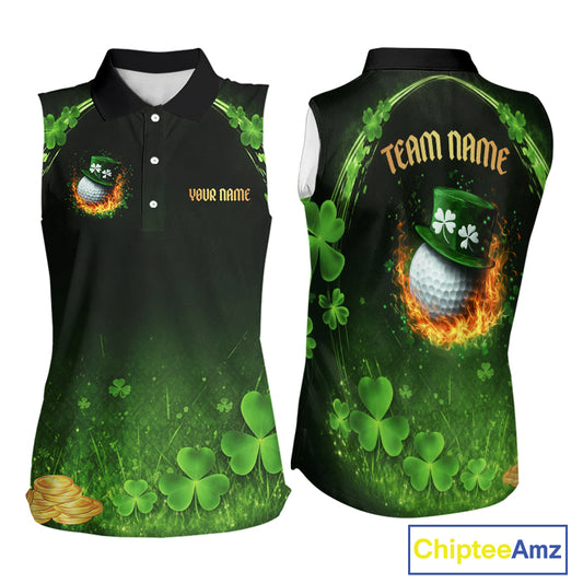 Flame golf ball green shamrock St Patrick's Day ladies sleeveless golf tops Custom lucky golf attire NQS11413