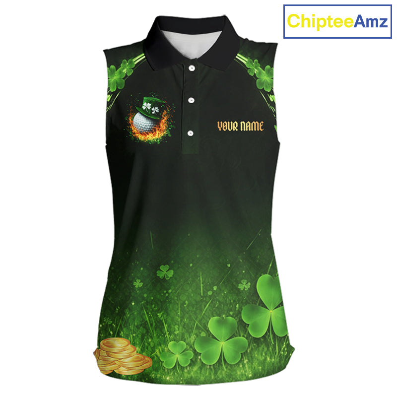 Flame golf ball green shamrock St Patrick's Day ladies sleeveless golf tops Custom lucky golf attire NQS11413