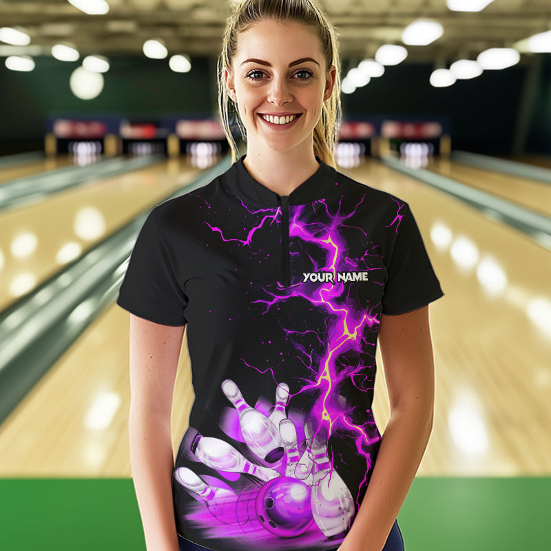 Women bowling shirts Custom purple lightning thunder Bowling Team Jersey, gift for team Bowlers NQS9493