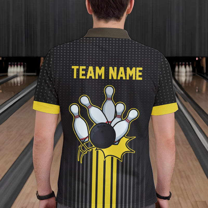 Black and Yellow Bowling Polo, Quarter Zip Shirt For Men Custom Team Mens Bowling Jersey NQS9652