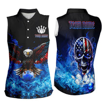 Load image into Gallery viewer, Blue Flame Smoke American Flag Eagle Skull Bowling Sleeveless Polos Custom Patriotic Bowling Jersey NQS9659
