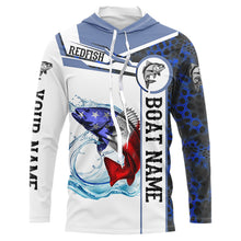 Load image into Gallery viewer, Redfish Fishing blue camo American Flag Custom name &amp; boat name performance Long Sleeve Fishing Shirts NQS5191
