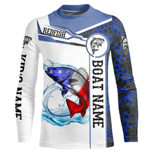 Load image into Gallery viewer, Redfish Fishing blue camo American Flag Custom name &amp; boat name performance Long Sleeve Fishing Shirts NQS5191