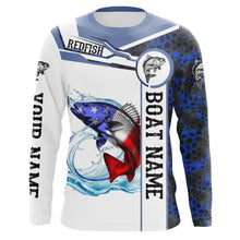 Load image into Gallery viewer, Redfish Fishing blue camo American Flag Custom name &amp; boat name performance Long Sleeve Fishing Shirts NQS5191