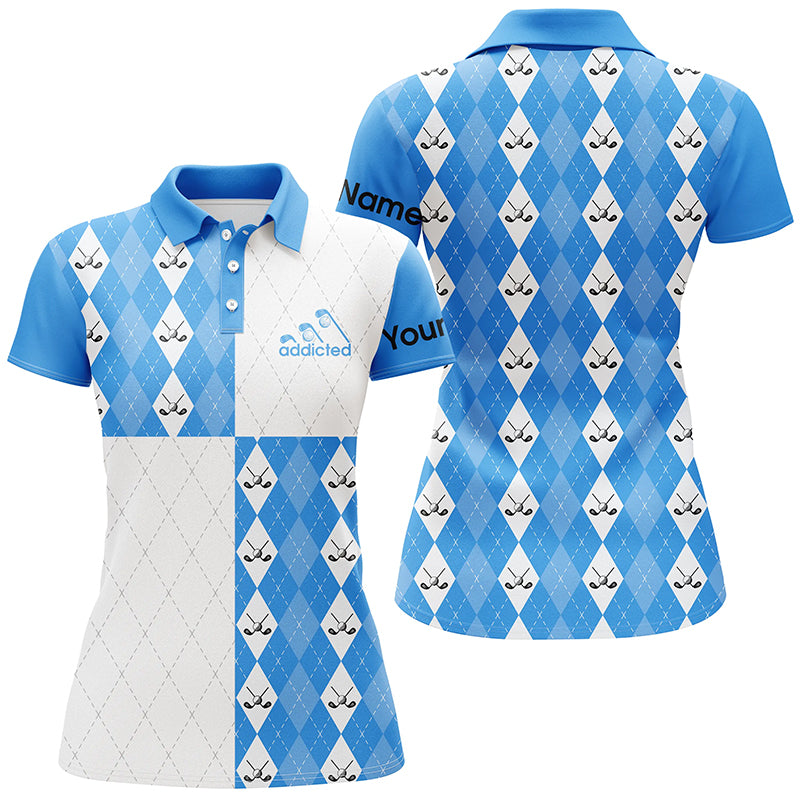 Golf addicted Womens golf polo shirts custom name blue and white golf ball clubs argyle plaid pattern NQS5437