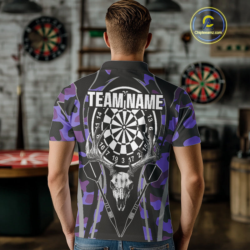 Deer Skull Darts Board Purple Camo Darts Polo, Quarter zip Shirts For Men Custom Team Darts Jersey NQS9935