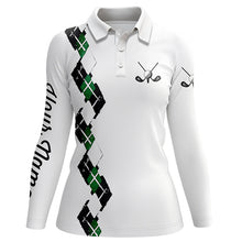 Load image into Gallery viewer, White Womens golf polo shirts custom name green and black plaid, best golf gifts for ladies NQS5686
