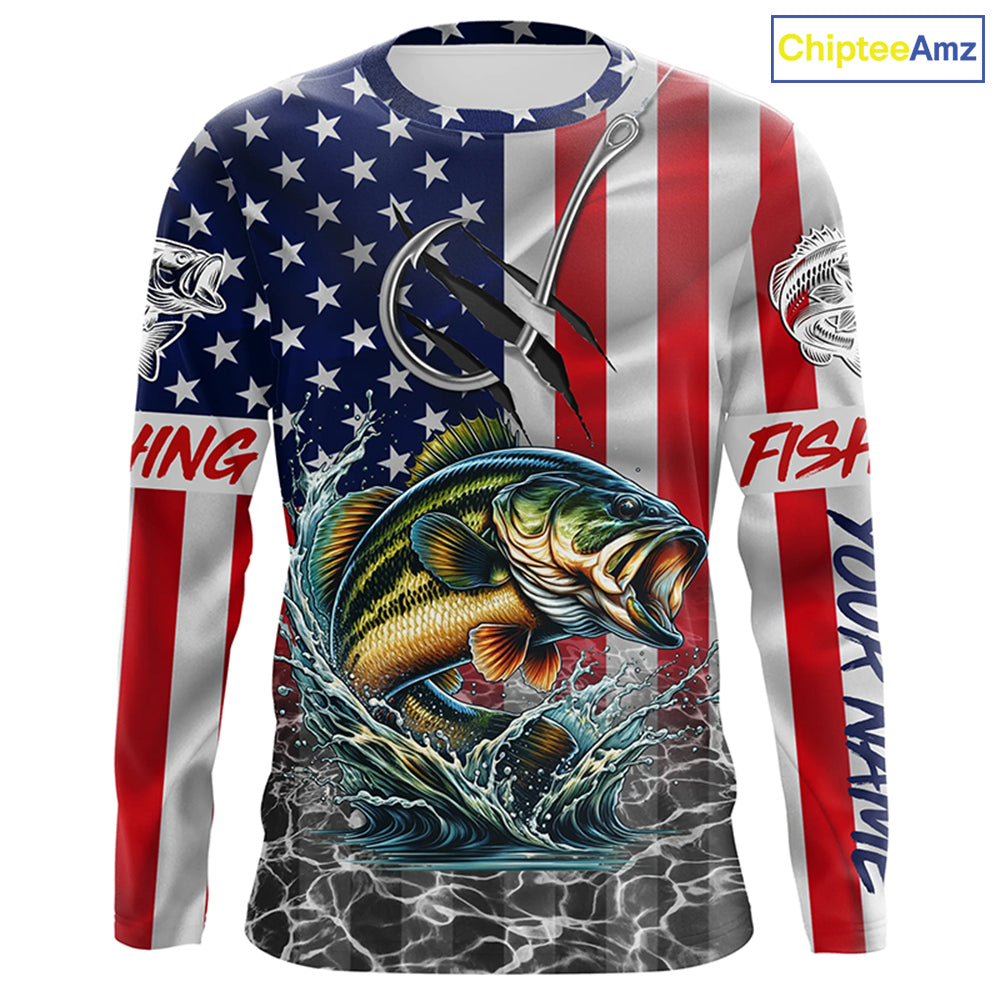 American Flag Bass Fish hook Custom long sleeve performance Fishing Shirts, Bass Fishing jerseys NQS5690