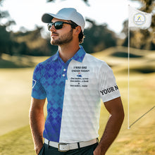 Load image into Gallery viewer, Blue argyle white Men golf polo shirt custom I was one under today one under a tree, a bush and water NQS10090