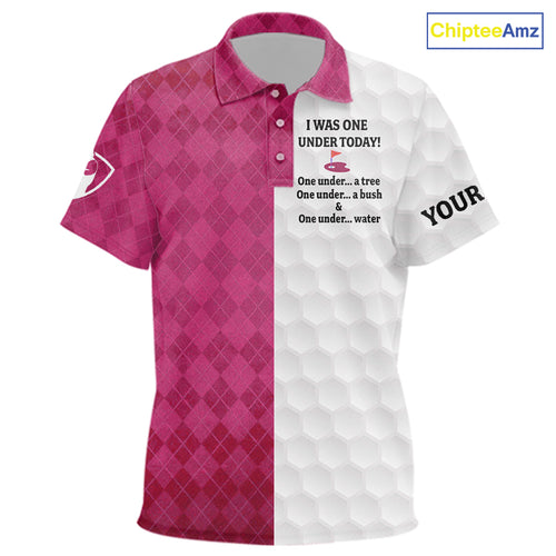 Pink argyle white Kid golf polo shirt custom I was one under today one under a tree, a bush & water NQS10091