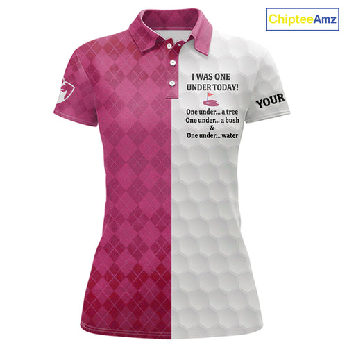Pink argyle white Women golf polo shirt custom I was one under today one under a tree, a bush & water NQS10091