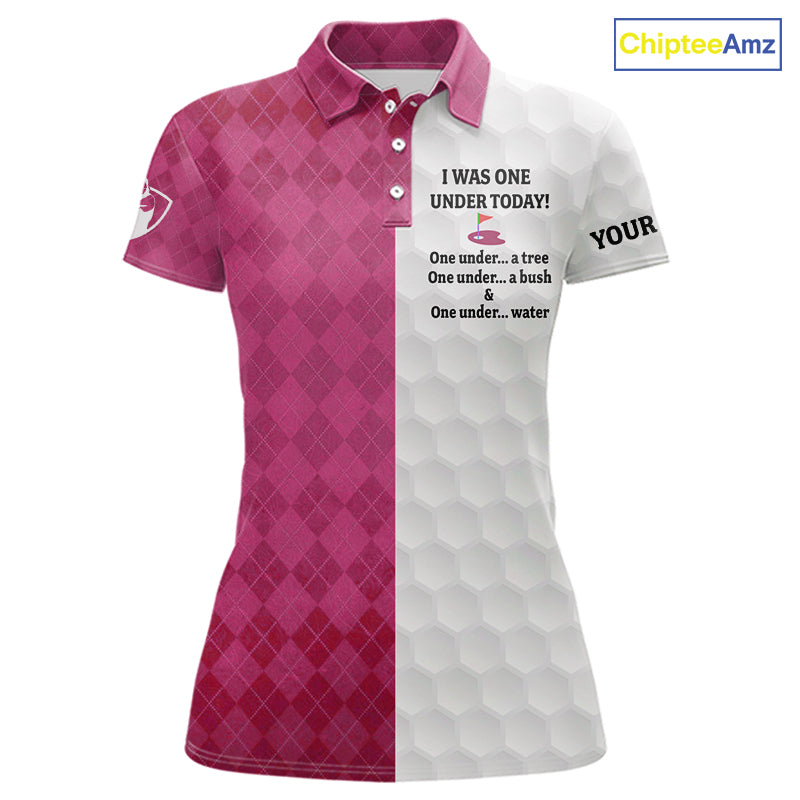 Pink argyle white Women golf polo shirt custom I was one under today one under a tree, a bush & water NQS10091