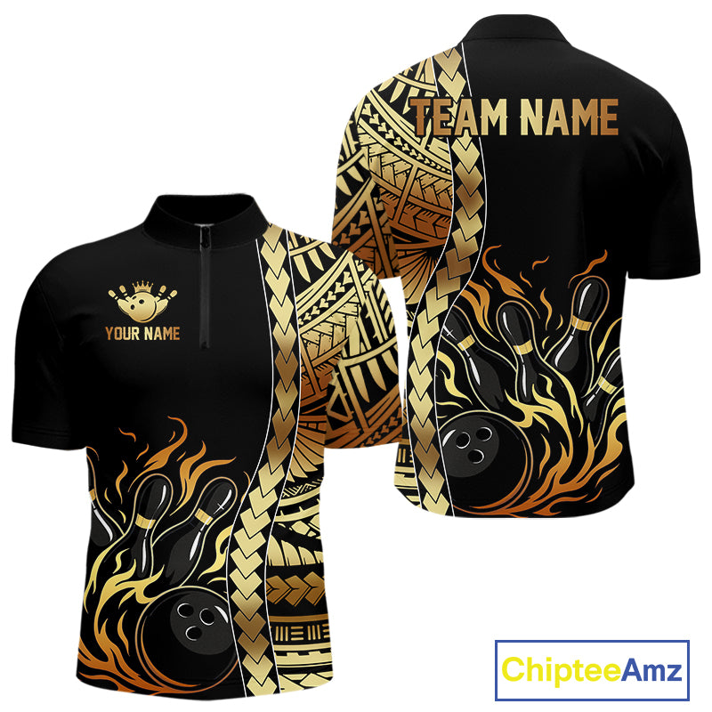 Custom Black And Gold Flame tribal pattern Bowling Team Polo, 1/4 Zip Shirts For Men, Bowling Jerseys NQS10093