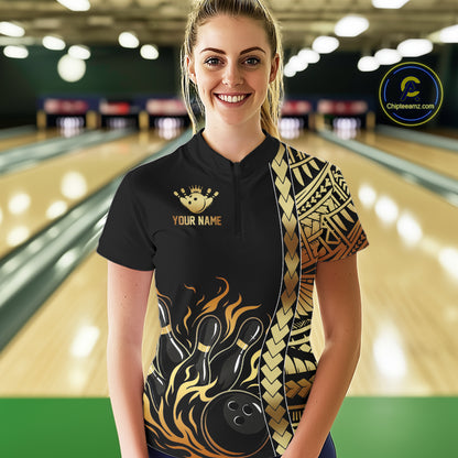 Custom Black And Gold Flame tribal pattern Bowling Team Polo, 1/4 Zip Shirt For Women, Bowling Jersey NQS10093