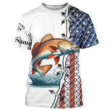 Load image into Gallery viewer, Redfish puppy drum fishing American flag patriotic 4th July Custom performance fishing shirts NQS2073