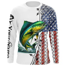 Load image into Gallery viewer, Mahi mahi fishing American flag patriotic 4th July Custom performance fishing shirts NQS2074