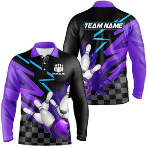 Black and purple Men Bowling Polo, Quarter Zip Shirt Custom team bowling jerseys, mens bowling outfits NQS8446