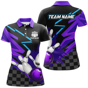 Black and purple Women Bowling Polo, 1/4 Zip Shirt Custom team bowling jerseys, women bowling outfits NQS8446