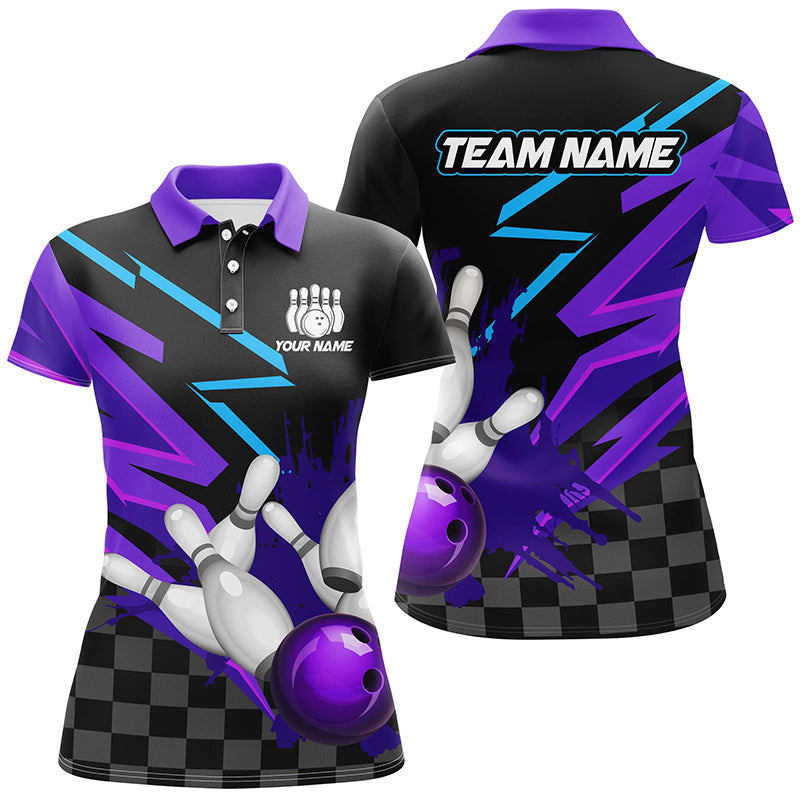 Black and purple Women Bowling Polo, 1/4 Zip Shirt Custom team bowling jerseys, women bowling outfits NQS8446