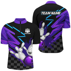 Black and purple Men Bowling Polo, Quarter Zip Shirt Custom team bowling jerseys, mens bowling outfits NQS8446