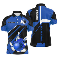 Load image into Gallery viewer, Black and blue Bowling polo, quarter zip shirt for men Custom Flame bowling ball pins uniform shirt NQS8672